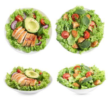 Beyaz arka planda eti olan lezzetli taze salatalar, kolaj. Üst ve yan görünüm