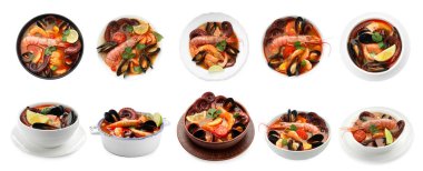 Beyaz kolajla izole edilmiş kâselerdeki lezzetli deniz ürünleri çorbası. Üst ve yan görünüm