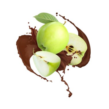Çikolatalı taze elmalar beyaz arka planda havaya sıçrıyor.