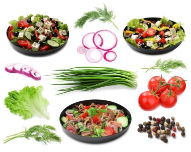 Beyaz arka planda taze malzemeli lezzetli salatalar, kolaj.