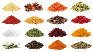Beyaz arka planda farklı aromatik baharatlar, kolaj