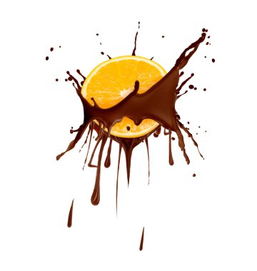 Beyaz arka planda sulu portakallı çikolata sıçraması.