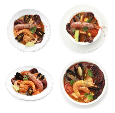 Beyaz kolajla izole edilmiş kâselerdeki lezzetli deniz ürünleri çorbası.
