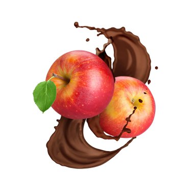 Çikolatalı taze elmalar beyaz arka planda havaya sıçrıyor.