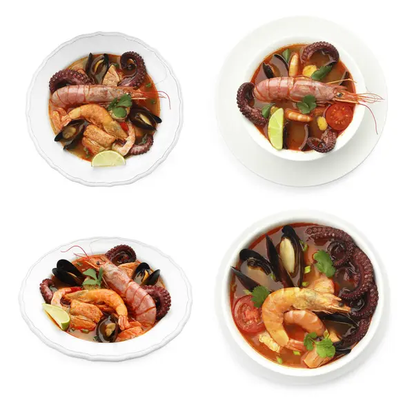 Beyaz kolajla izole edilmiş kâselerdeki lezzetli deniz ürünleri çorbası.