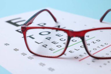 Açık mavi arkaplanda gözlük ve görüş testi grafiği, yakın plan