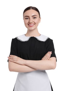 Beyaz arka planda mutlu oda hizmetçisinin portresi