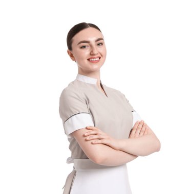 Beyaz arka planda mutlu oda hizmetçisinin portresi