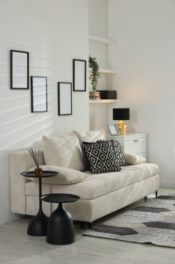 Rahat bir kanepe, şifonyer ve farklı dekorlar. İç tasarım