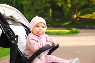 Parktaki bebek arabasında şirin bir bebek. Metin için boşluk