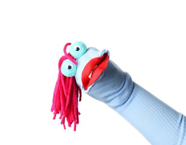 Beyaz saçlı, komik çorap kuklası.