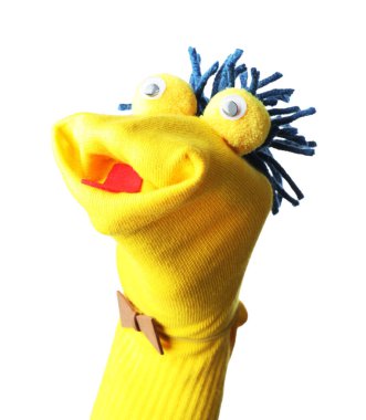 Beyaz saçlı, komik çorap kuklası.