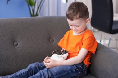 Evdeki kanepesinde fareleri olan küçük bir çocuk. Metin için boşluk