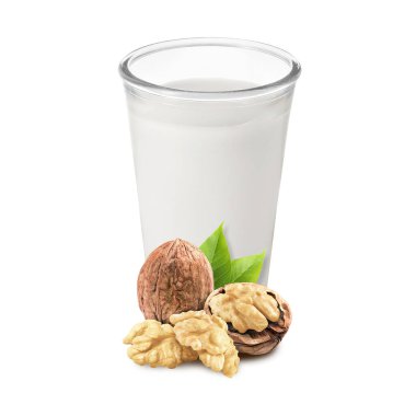 Bardakta fındık sütü ve beyazda ceviz.