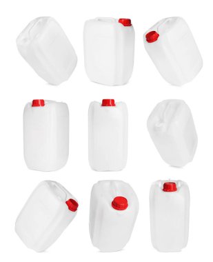 Beyaz arka planda plastik kutu, kolaj. Farklı taraflardan görünüm