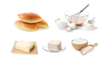 Pişmiş köfteler ve malzemeler beyaz ve sette izole edilmiş.