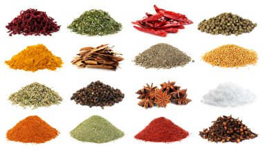 Beyaz arka planda farklı aromatik baharatlar, kolaj