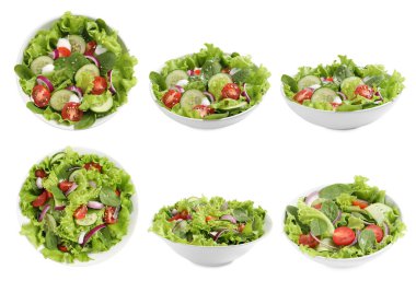 Beyaz arka planda sebzeli taze salatalar, kolaj. Üst ve yan görünüm