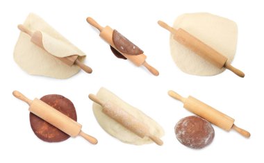 Farklı hamur türleri ve yuvarlak raptiyeler beyaz sette izole edilmiş. Üst görünüm