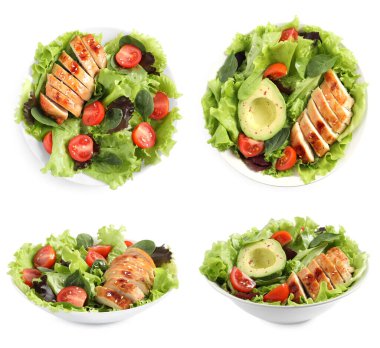 Beyaz arka planda eti olan lezzetli taze salatalar, kolaj. Üst ve yan görünüm