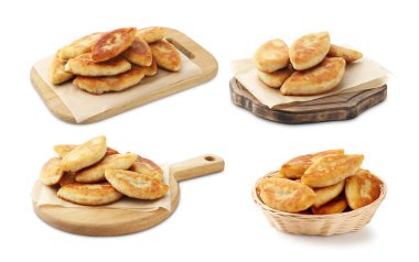 Beyaz arka planda lezzetli fırında köfteler, kolaj