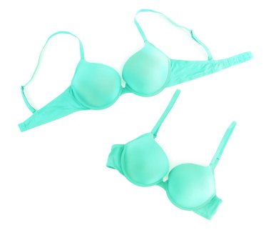 Güzel turkuaz sütyen beyaza izole edilmiş, kolaj. Üst görünüm