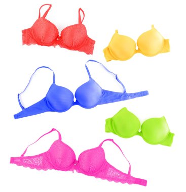 Beyaza izole edilmiş farklı renklerde sutyenler, kolaj. Üst görünüm