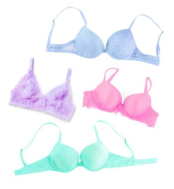 Beyaza izole edilmiş farklı renklerde sutyenler, kolaj. Üst görünüm