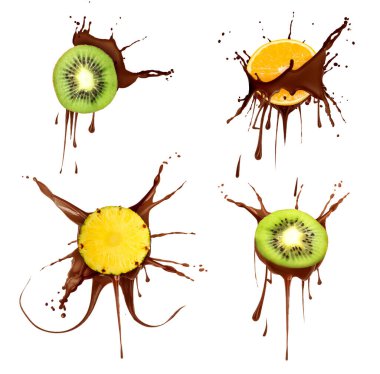 Çikolata serpintileri ve beyaz arka planda taze meyve, set