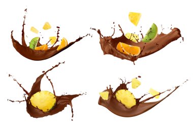 Çikolata serpintileri ve beyaz arka planda taze meyve, set