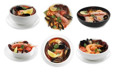 Beyaz kolajla izole edilmiş kâselerdeki lezzetli deniz ürünleri çorbası. Üst ve yan görünüm