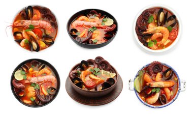 Beyaz kolajla izole edilmiş kâselerdeki lezzetli deniz ürünleri çorbası. Üst ve yan görünüm