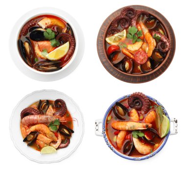 Beyaz kolajla izole edilmiş kâselerdeki lezzetli deniz ürünleri çorbası. Üst görünüm