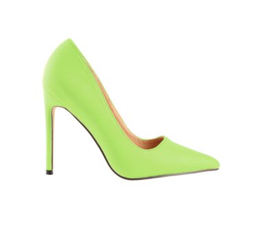 Beyaz arka planda şık yeşil, yüksek topuklu bir ayakkabı.