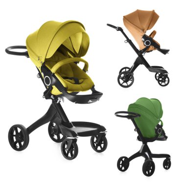 Bebek arabası. Farklı renklerde modern bebek arabaları beyaz, farklı taraflarda izole edilmiş.