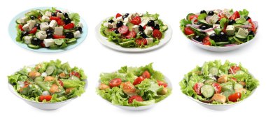 Beyaz arka planda lezzetli taze salatalar.