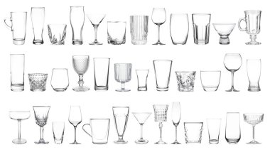 Beyaz arkaplanda farklı boş cam eşyalar, kolaj