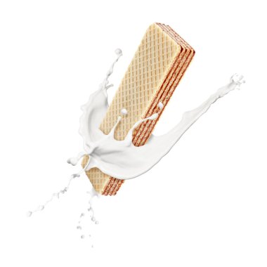 Lezzetli çıtır gofret ve beyaz arka planda süt sıçraması.