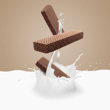 Lezzetli gevrek gofretler soluk kahverengi arka plana süt sıçratıyor.