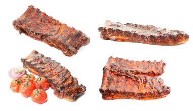 Beyaz arka planda nefis ızgara kaburgalar, kolaj.