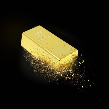 Siyah arka planda altın külçeleri ve tozlar