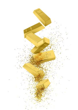 Beyaz arkaplanda altın külçeler ve toz