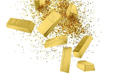 Beyaz arkaplanda altın külçeler ve toz