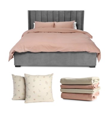 Yapılandırılmış yatak, yastıklar ve çarşaflar beyaza izole edilmiş, kolaj