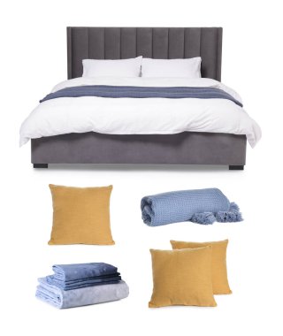 Yapılandırılmış yatak, yastıklar, battaniye ve beyaz çarşaflar, kolaj