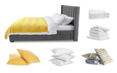 Yapılandırılmış yatak, yastıklar ve çarşaflar beyaza izole edilmiş, kolaj