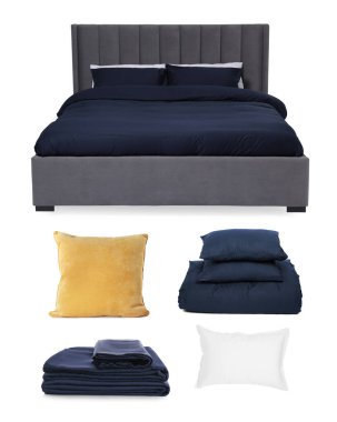 Yapılandırılmış yatak, yastıklar ve çarşaflar beyaza izole edilmiş, kolaj