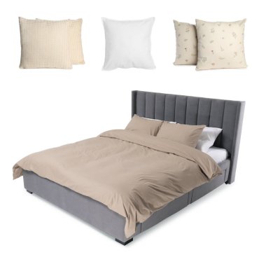 Yapılandırılmış yatak ve yastıklar beyaz, kolaj