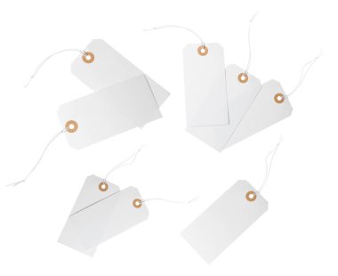 Beyaz arka planda bir sürü boş etiket, kolaj. Tasarım için model