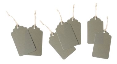 Beyaz arka planda bir sürü boş etiket, kolaj. Tasarım için model